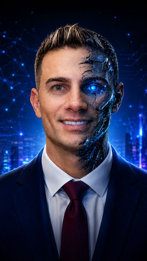 Avatar/clone digital realista criado com IA, estética premium